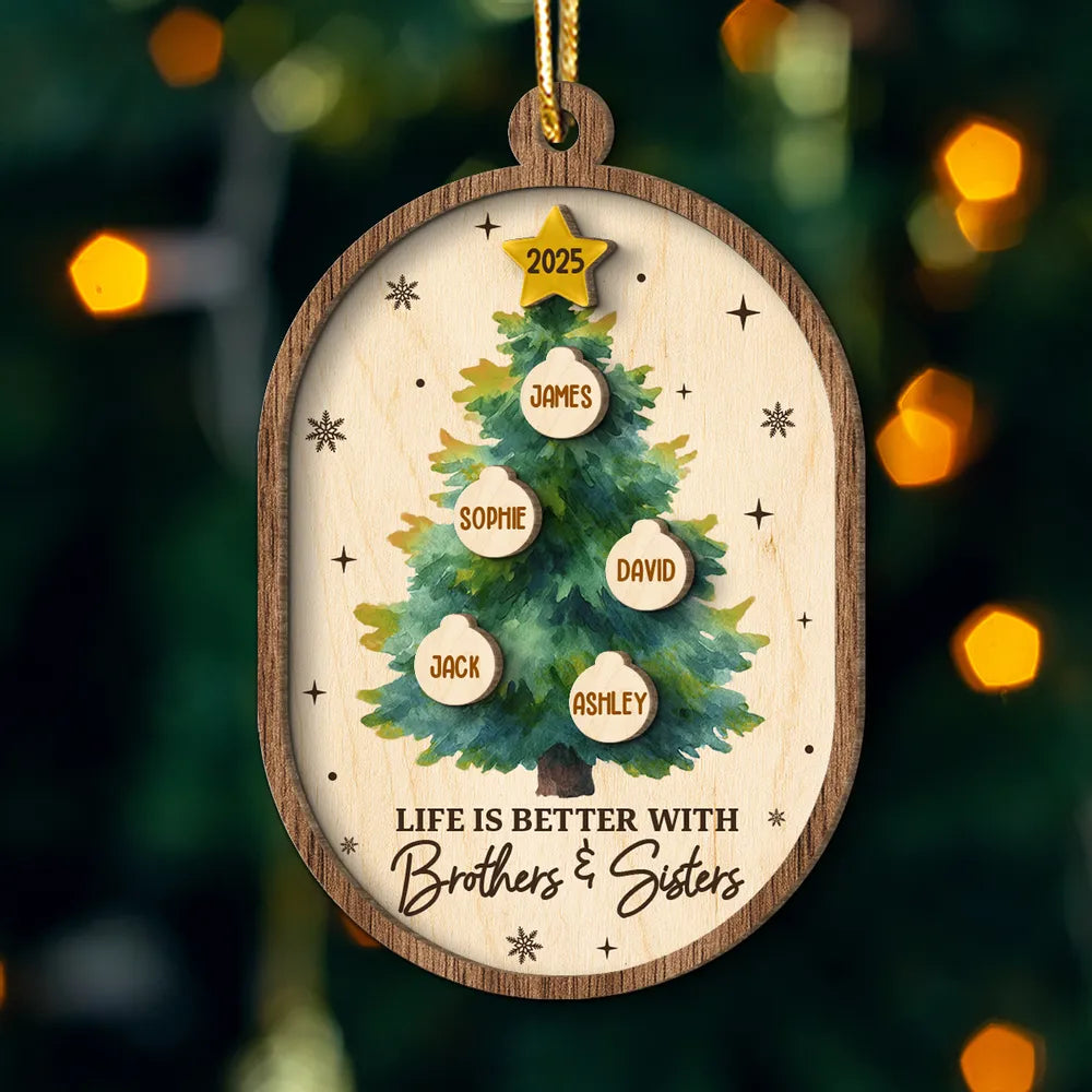 Personalized 2-Layer Wooden Ornament for Siblings Christmas Tree Decor, Custom Family Names Keepsake Gift