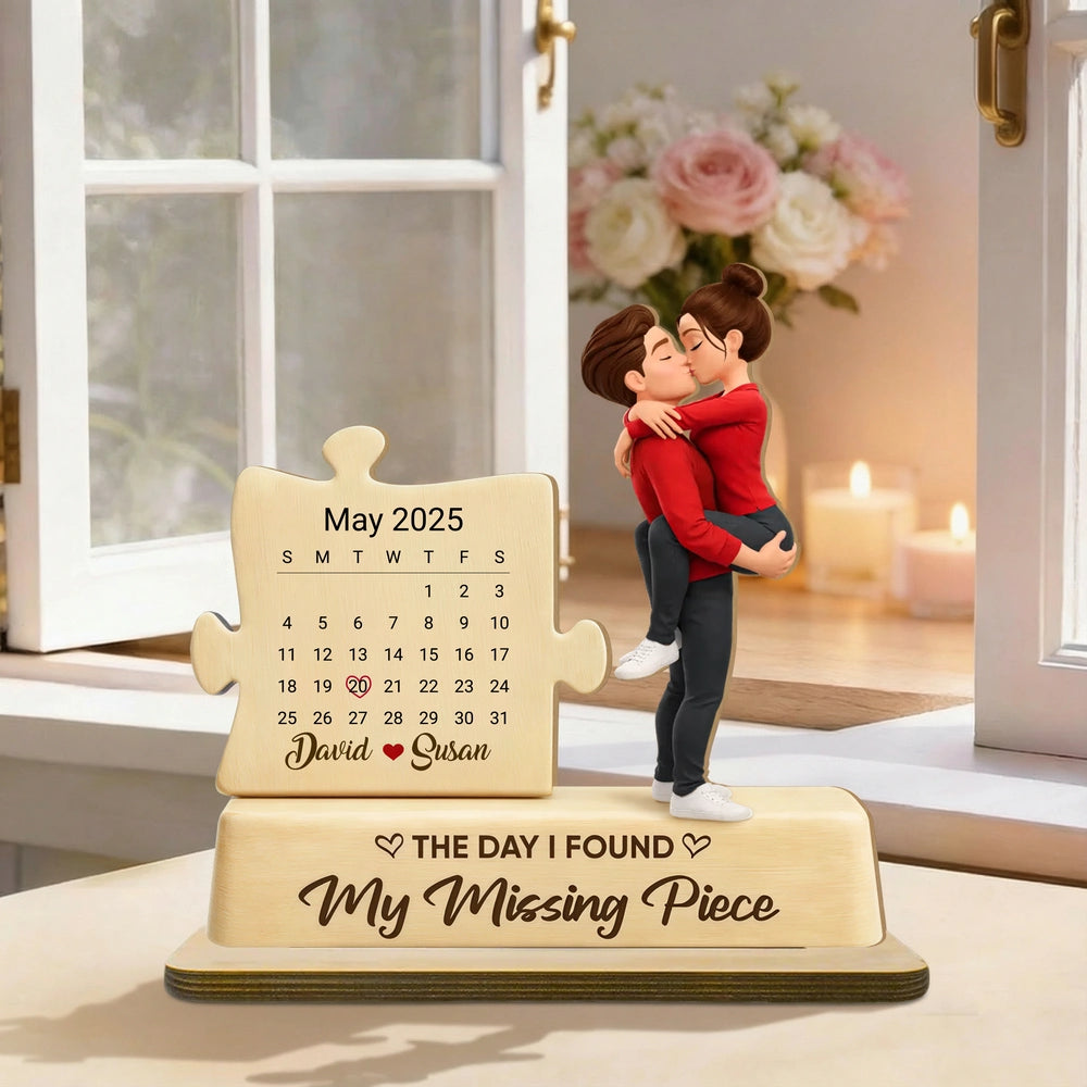 Personalized 2-Layer Wooden Plaque Couple Kissing with Calendar Puzzle - Unique Anniversary Gift for Him or Her