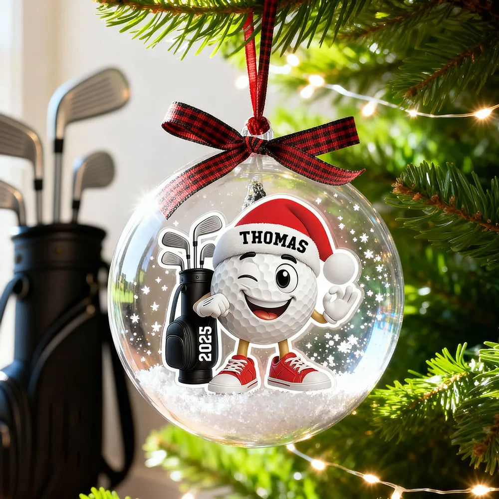 Snow Globe Ornament with Winking Santa Golf Ball, Christmas Tree Decor, playful keepsake, unique gift for golfers and Dad