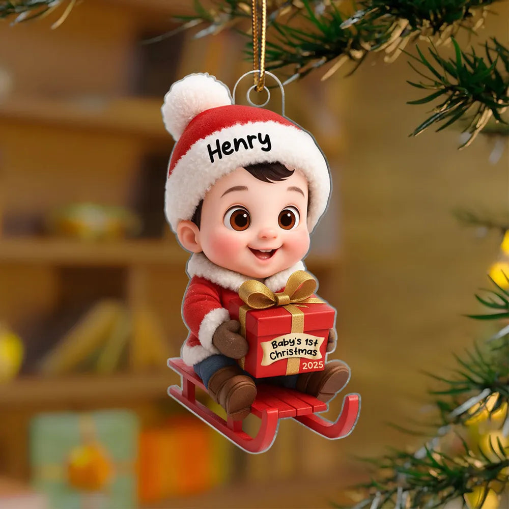 Acrylic Ornament with Baby in Santa Outfit on Sleigh, High Clarity, Heartwarming Christmas Gift