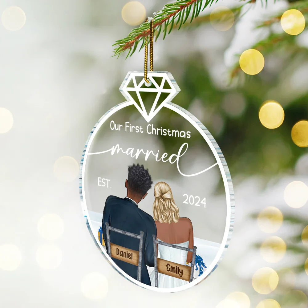Our First Christmas Married Ornament – Personalized Acrylic Ornament with Romantic Couple Back Design