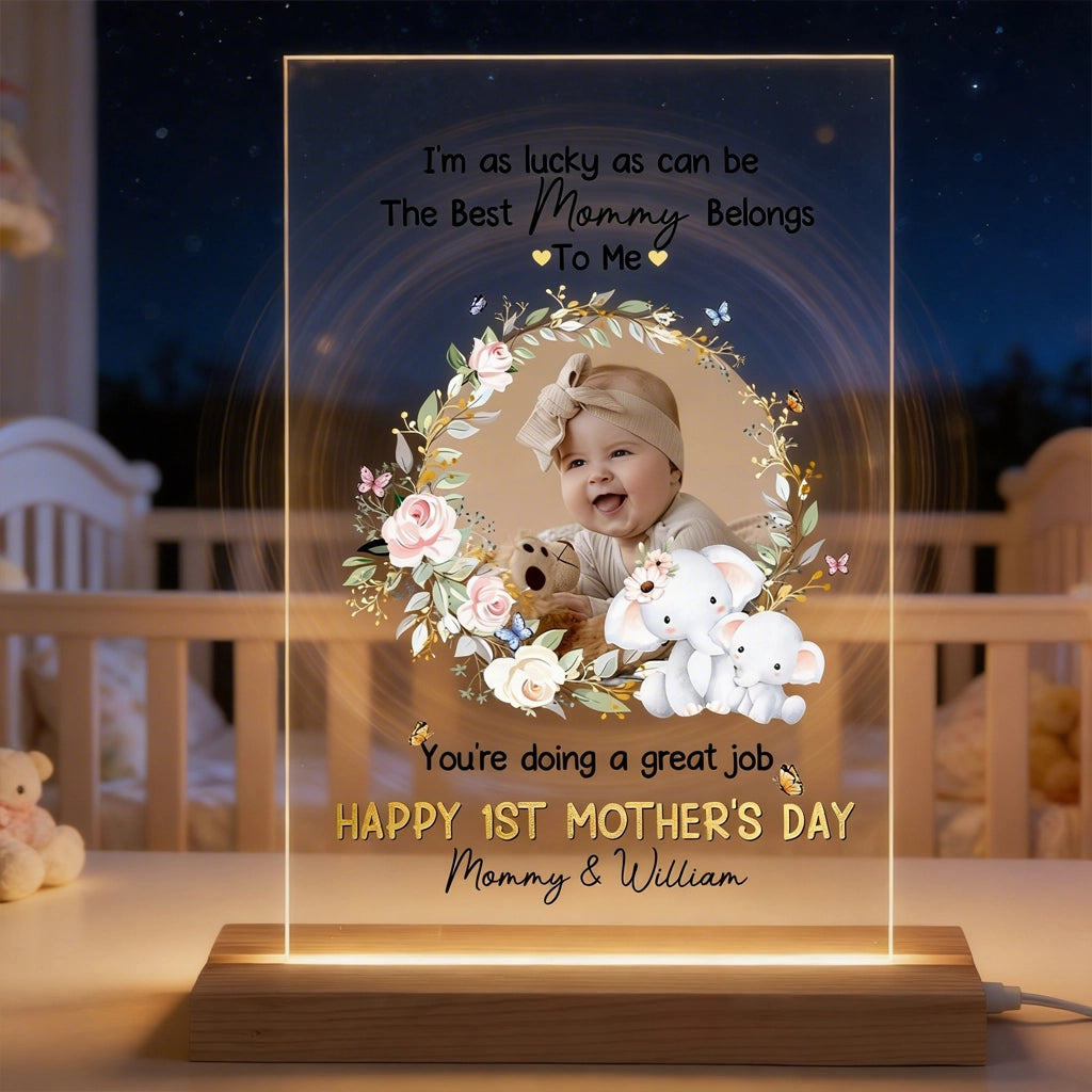Personalized LED Light Plaque with Baby Photo and Sweet Elephant Floral Wreath, Mother's Day Gift for Mom, Cozy Ambient Glow