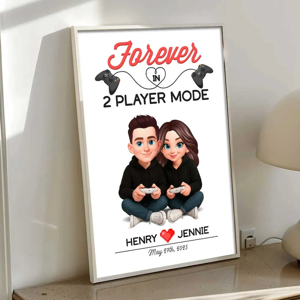 Personalized Gaming Couple Poster Forever In 2 Player Mode Sitting With Controllers Unique Gift For Him & Her