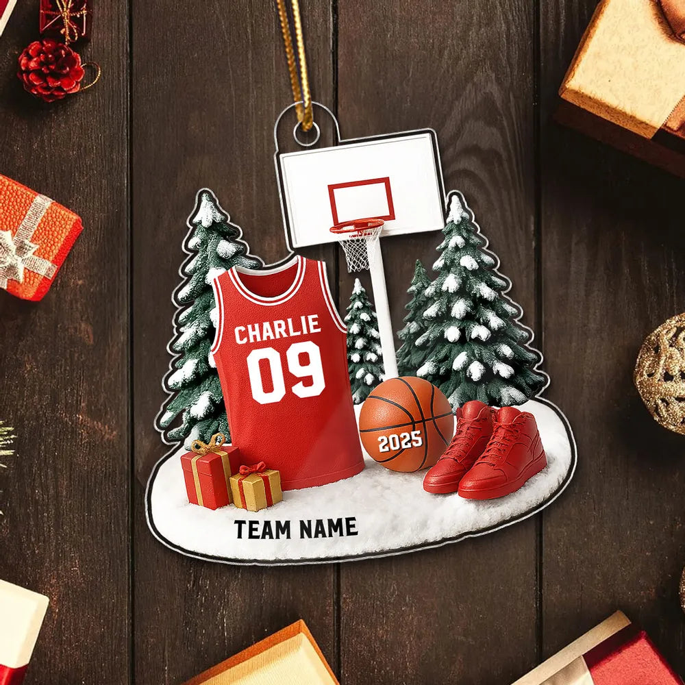 Basketball Acrylic Ornament for Christmas Tree, customizable details, snowy court scene, perfect gift for players, fans, and coaches