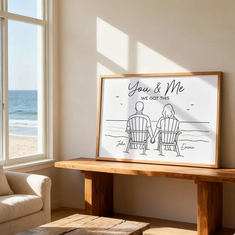 Custom Line Art Beach Poster – Holding Hands Couple Illustration, Add Names, Perfect Anniversary or Valentine’s Gift