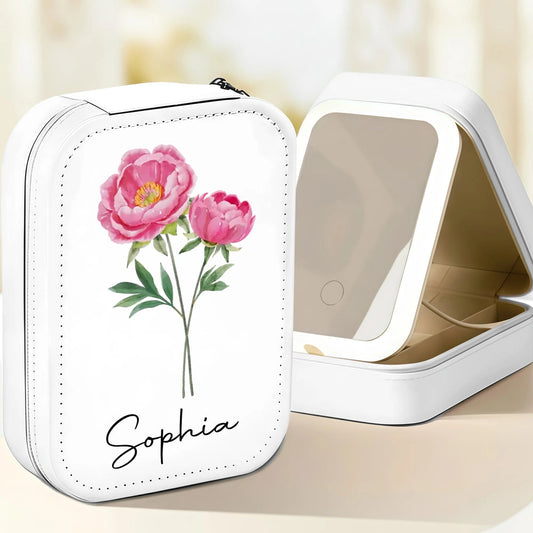 Leather LED Makeup Case With Birth Month Flower Art, Portable Lighted Mirror, Unique Gift For Her