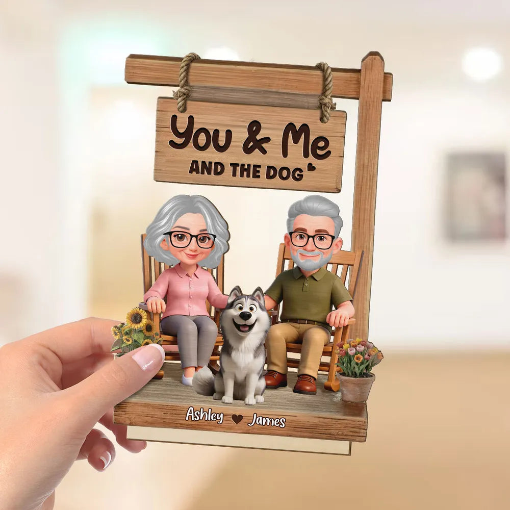 You & Me and the Dog 2-Layer Wooden Plaque, Personalized Sweet Cartoon Keepsake for Couple and Dog Lover Gift