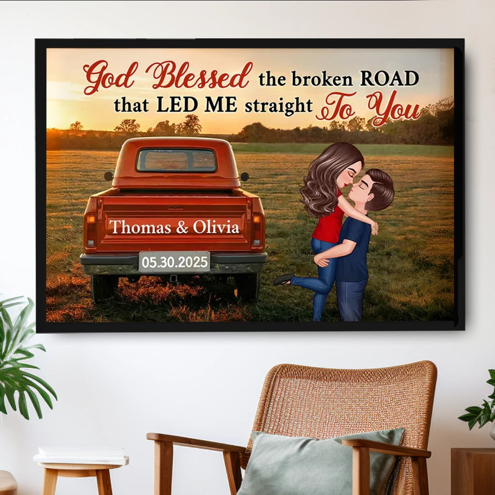 God Blessed the Broken Road Personalized Poster – Custom Hugging Couple Wall Art, Modern Home Decor and Heartfelt Gift for Him or Her