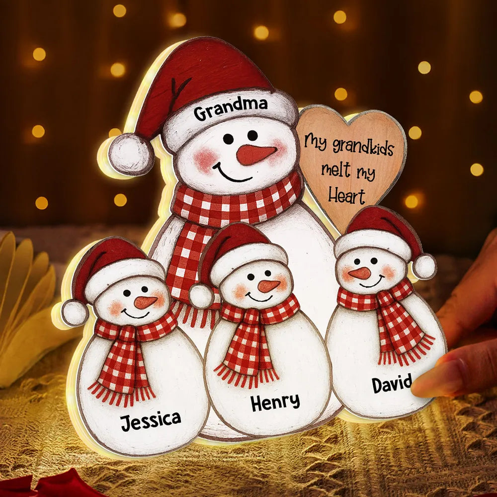 Acrylic Light Box Snowman Grandma & Grandkids, Christmas folk art, warm glow, unique gift for Grandma