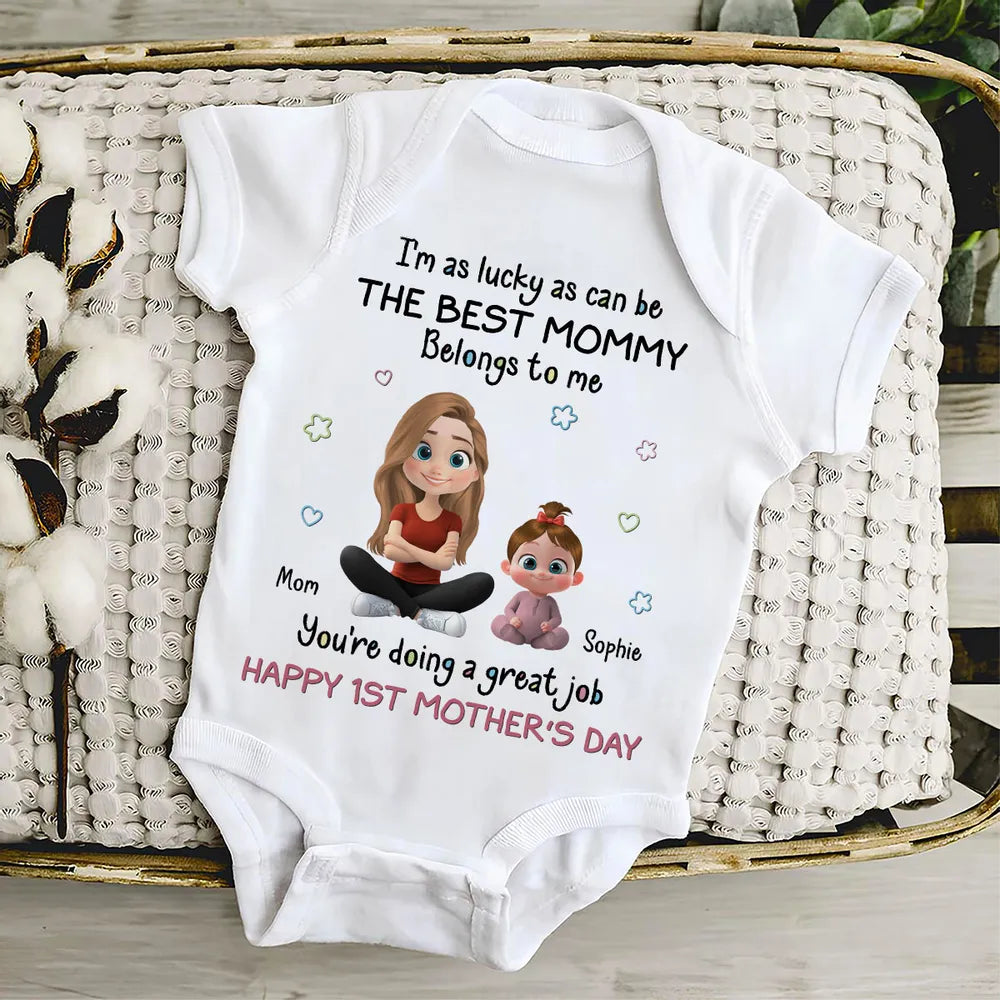 Personalized Short Sleeve Baby Onesie with Cute Mom & Baby Cartoon, First Mother's Day Gift, Photo-Ready Keepsake