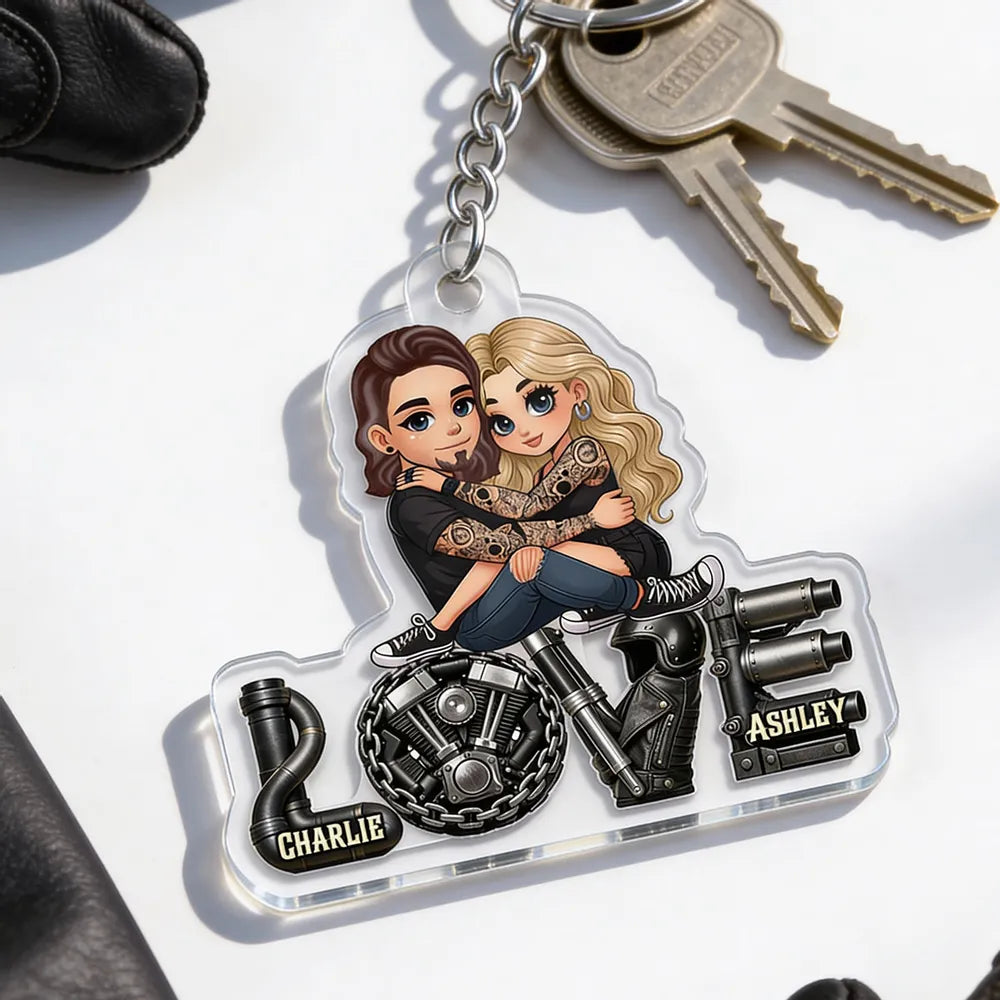 Personalized Biker Couple Acrylic Keychain Cute Cartoon Hugging Riders Cool Accessory Unique Gift for Him or Her