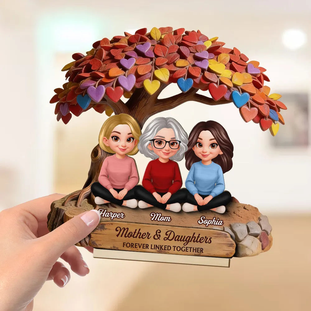 Personalized 2-Layer Wooden Plaque with Mom and Daughters Under Colorful Heart Tree - Unique Gift for Mom, Sweet Family Keepsake