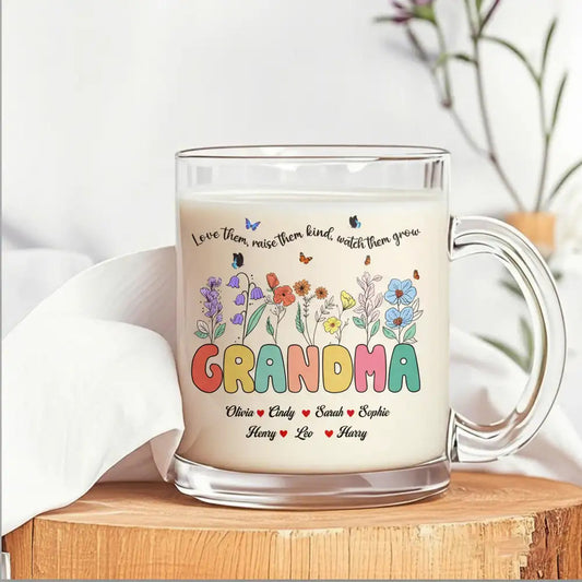 Glass Mug with Grandma Floral Theme, High Clarity, Heartwarming Gift for Grandmother