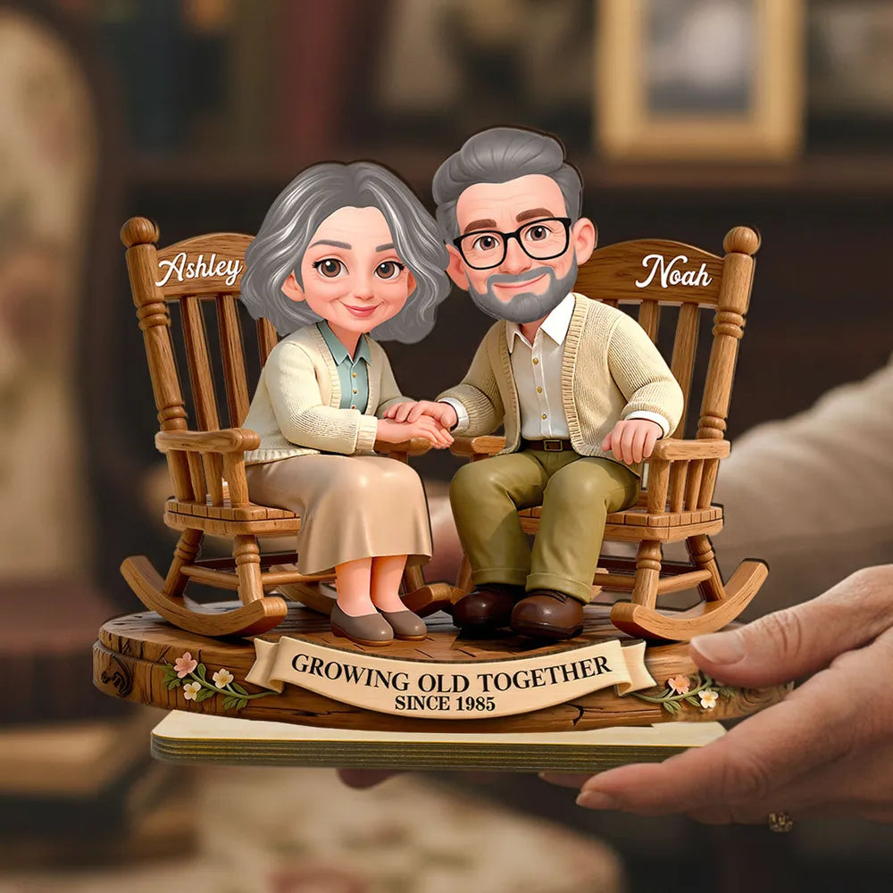 Personalized 2-Layer Wooden Plaque with Couple Holding Hands in Rocking Chairs, Sweet Keepsake Decor, Unique Gift for Wife or Husband
