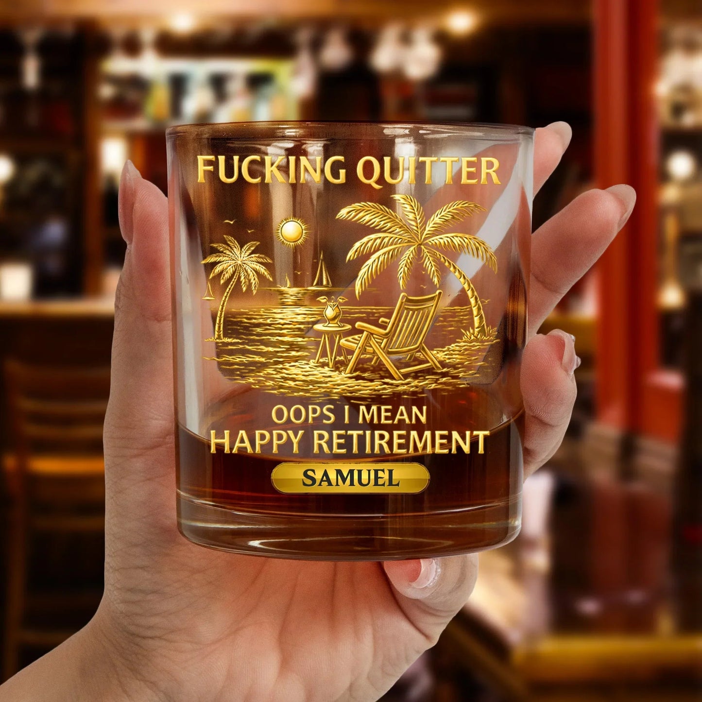 Funny Happy Retirement Whiskey Glass, Personalized Name Gift with Beach Chair Sunset Design - A Classy Bar Keepsake