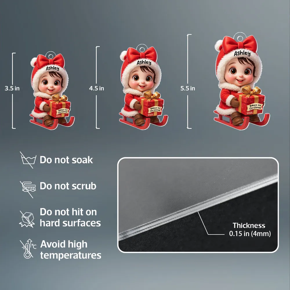 Acrylic Ornament with Baby in Santa Outfit on Sleigh, High Clarity, Heartwarming Christmas Gift