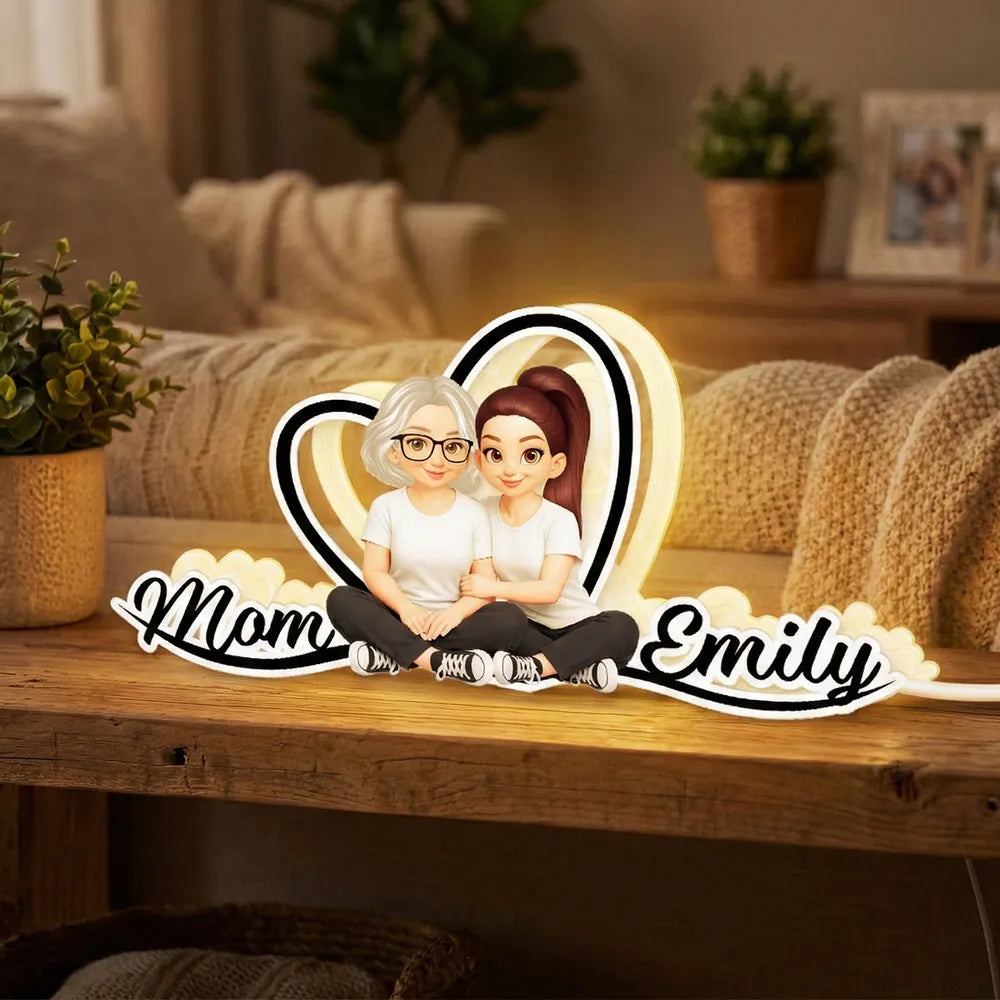 Mom and Daughter Forever Love Acrylic Light Box, Heart Backdrop Hugging Duo, Cozy Bedside Glow, Unique Gift for Mom