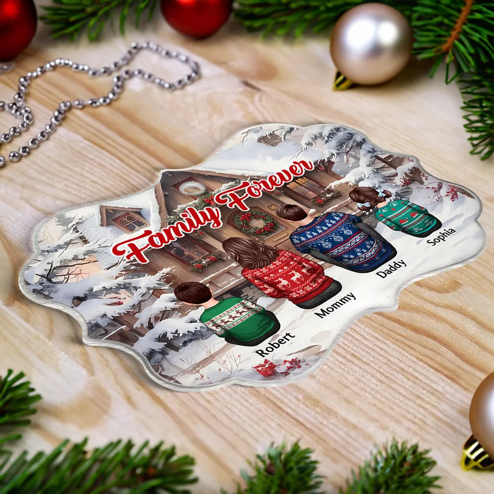 Snow House Back View Family Sitting Personalized Poster or Ornament or Plaque or Keychain