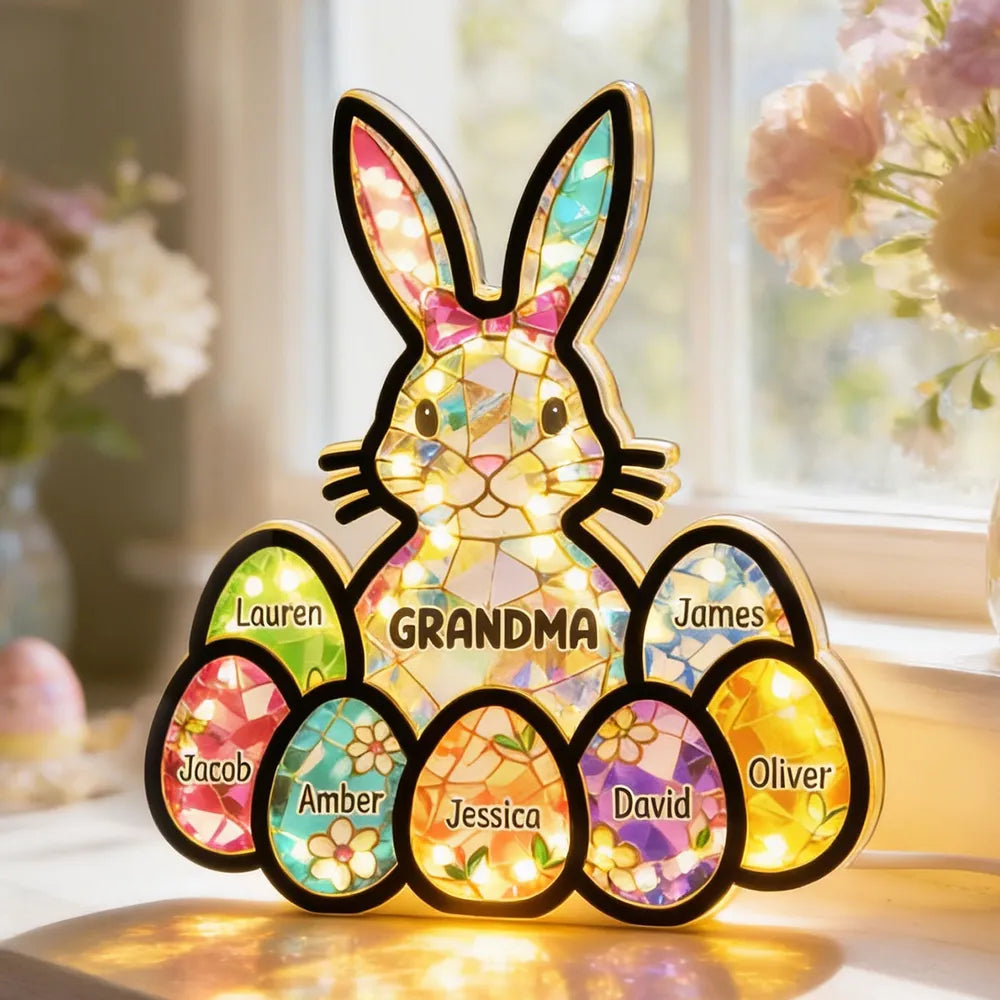 Wooden Acrylic Suncatcher Night Light Mosaic Bunny for Grandma - Personalized Easter Decor That Glows as a Unique Gift