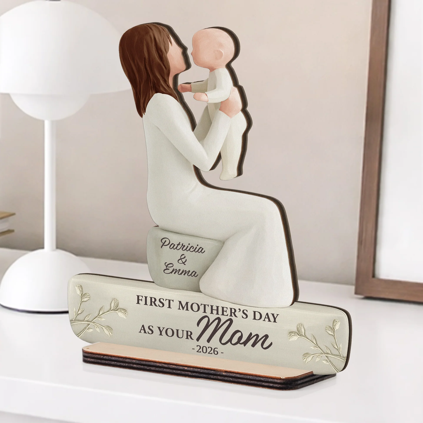 Personalized 2-Layer Wooden Plaque, Mom Holding Baby Keepsake for Nursery or Living Room, Unique First Mother's Day Gift