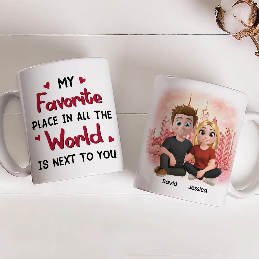Personalized Ceramic Mug Cartoon Couple Sitting by City Skyline Unique Romantic Gift for Him or Her