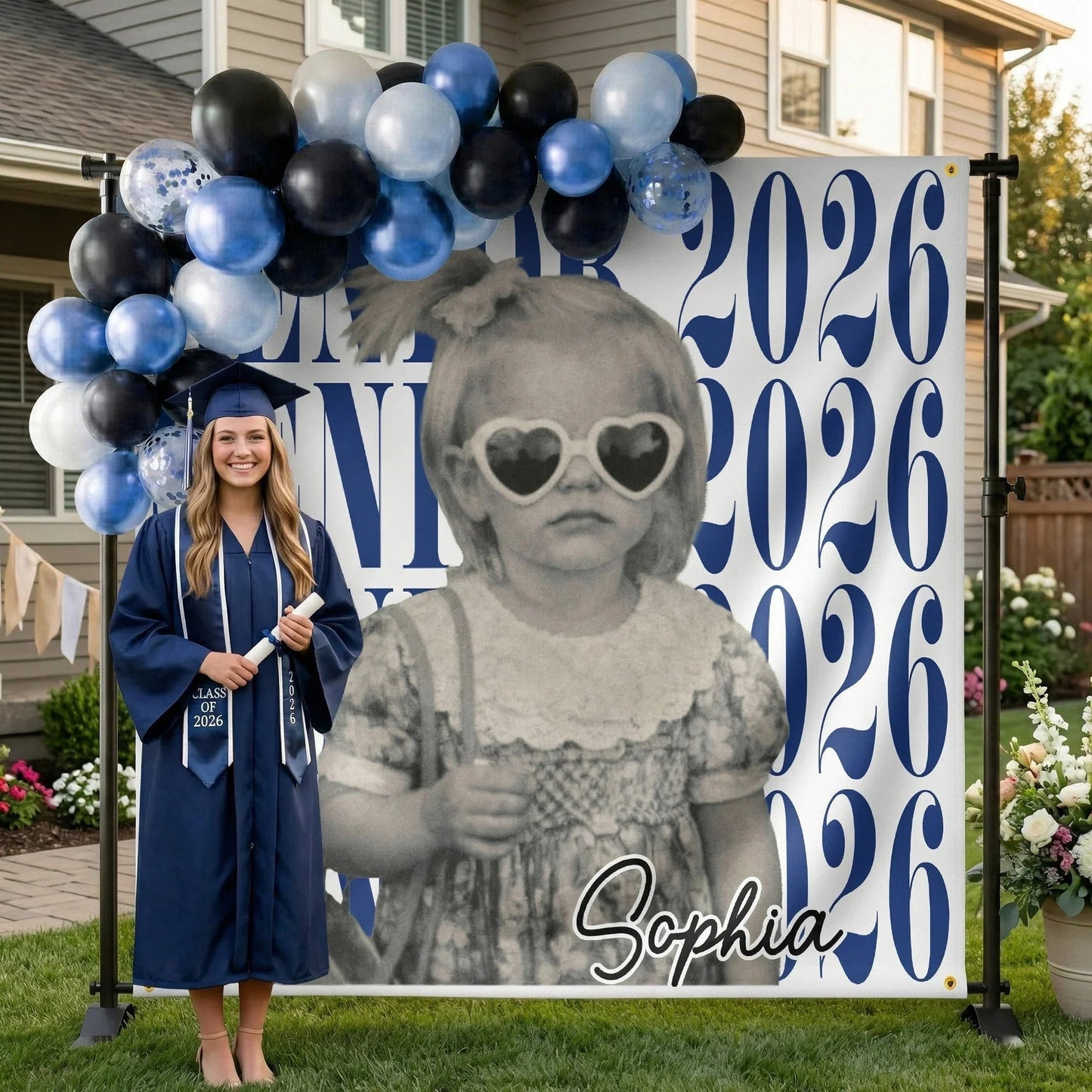 Personalized Graduation Backdrop Banner With Vintage Photo Look, Blue Class Celebration Decor, Unique Creative Gift