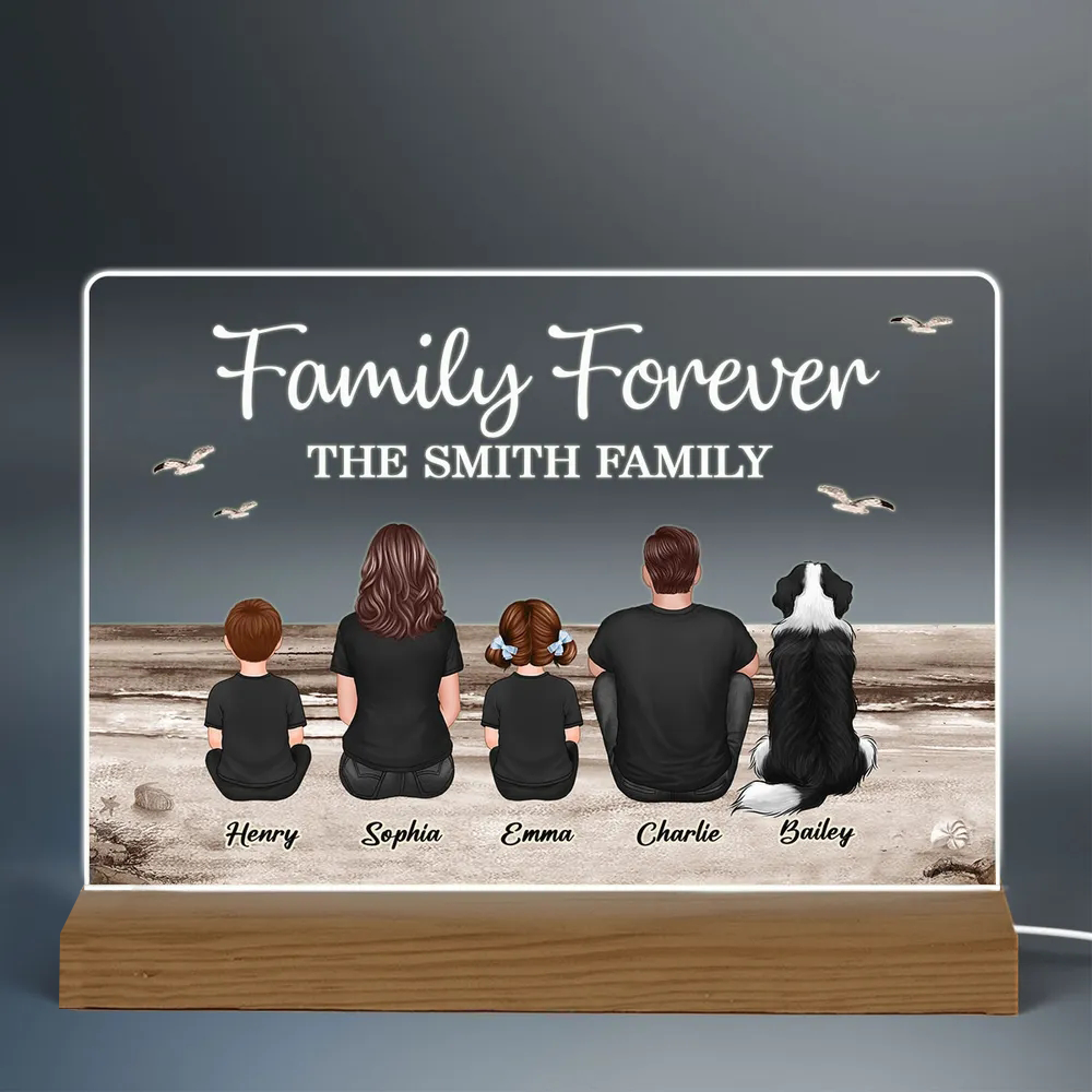 "Beach Landscape Family Sitting Back View LED Night Light Or Acrylic Or Wooden Plaque, Perfect Gift for Father's Day, for Dad or Grandpa"