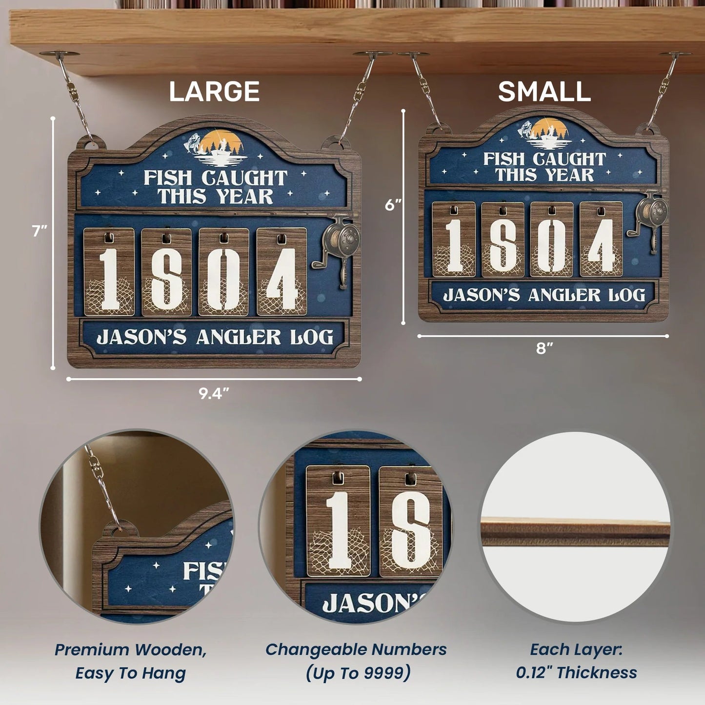 Wooden Hanging Tracker, Personalized Angler Log Sign for Showing Off Fish Caught This Year, Fun Unique Gift for Dad