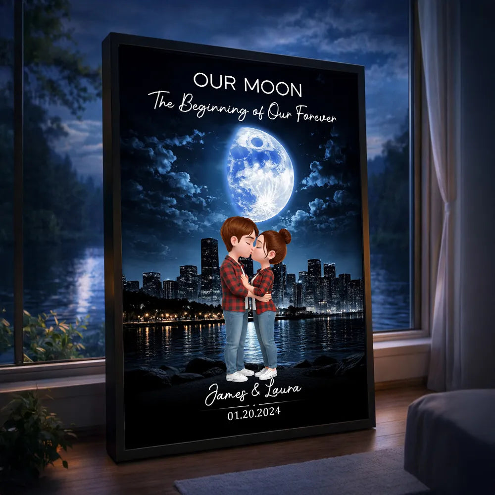 Our Moon Romantic Poster with Kissing Couple by the City Skyline, Personalized Keepsake Wall Art, Unique Wedding Gift