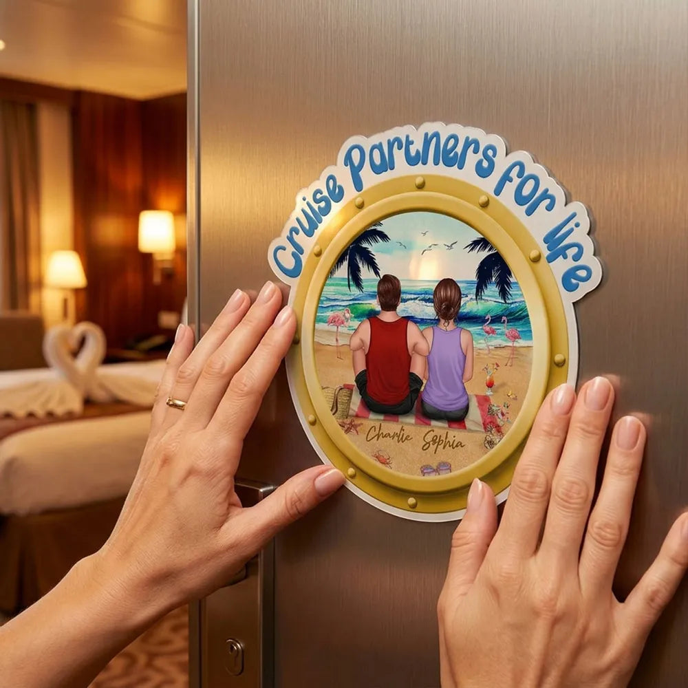 Personalized Cruise Partners for Life Acrylic Magnet, Back View Couple Sitting on a Beach Porthole, Unique Gift for Couples