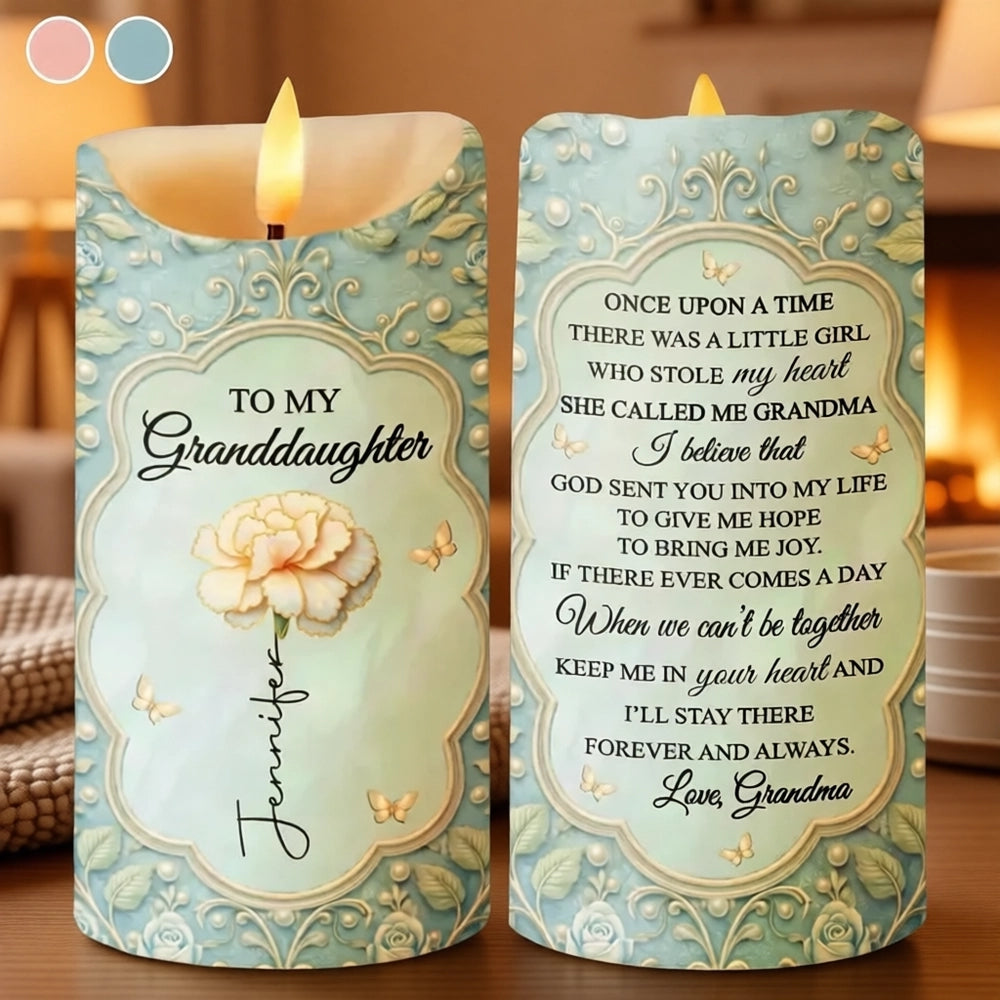 Personalized Flameless LED Candle for Granddaughter, Warm Glow Floral Butterfly Design, Unique Sentimental Gift