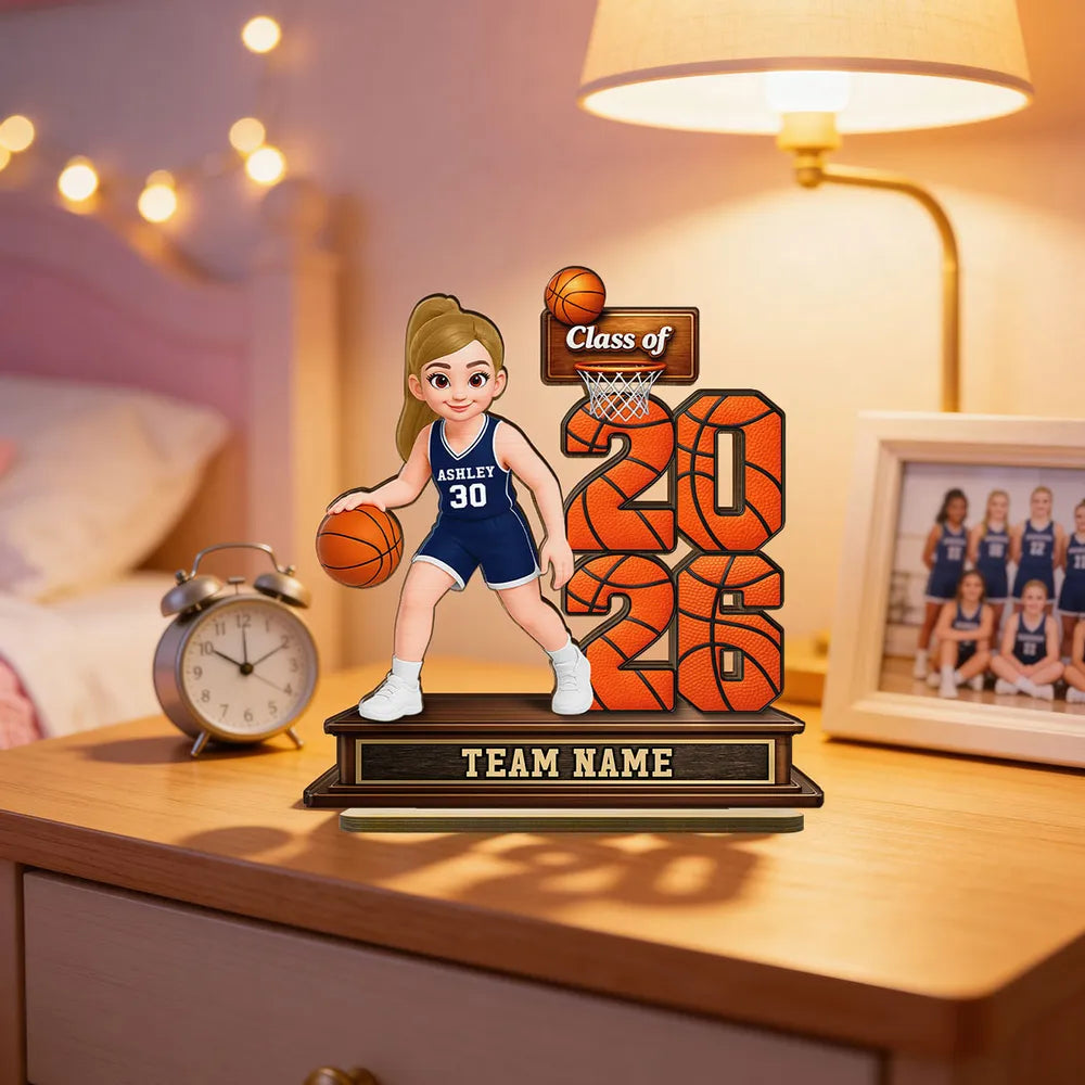 Personalized Basketball Class Of 2-Layer Wooden Plaque for Senior Player on Court, Unique Graduation Gift