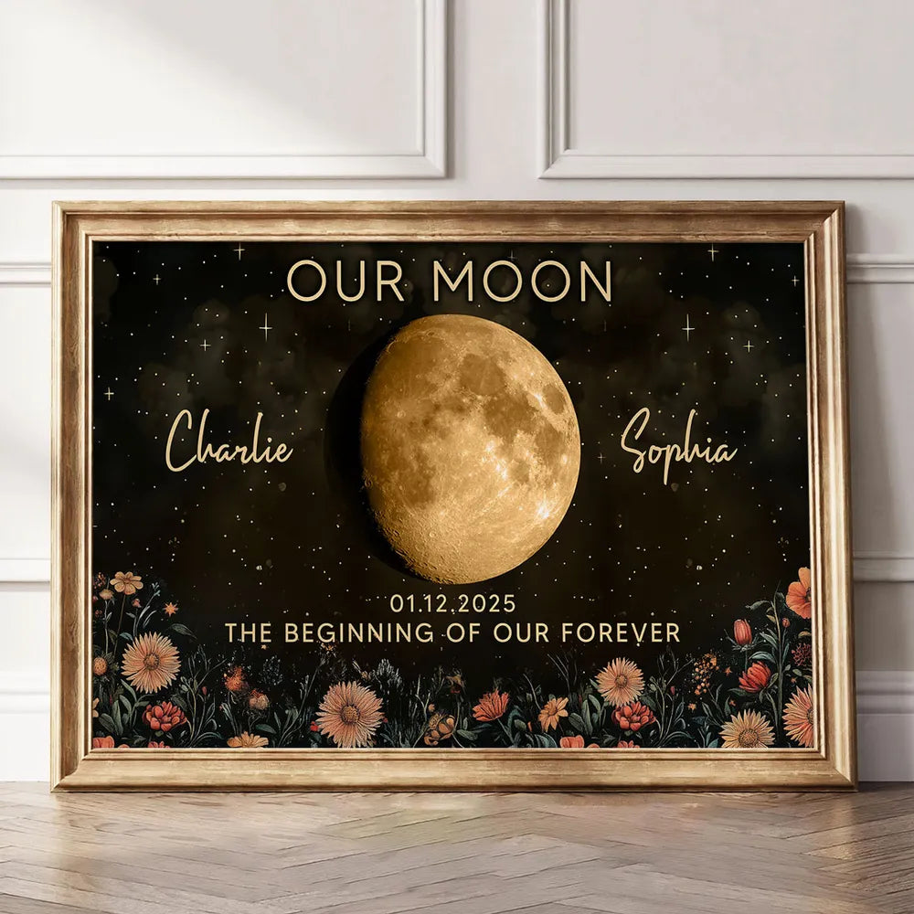 Personalized Moon Phase Poster Night Sky Floral Wall Art Unique Gift for Couple - Our Moon Keepsake Decor