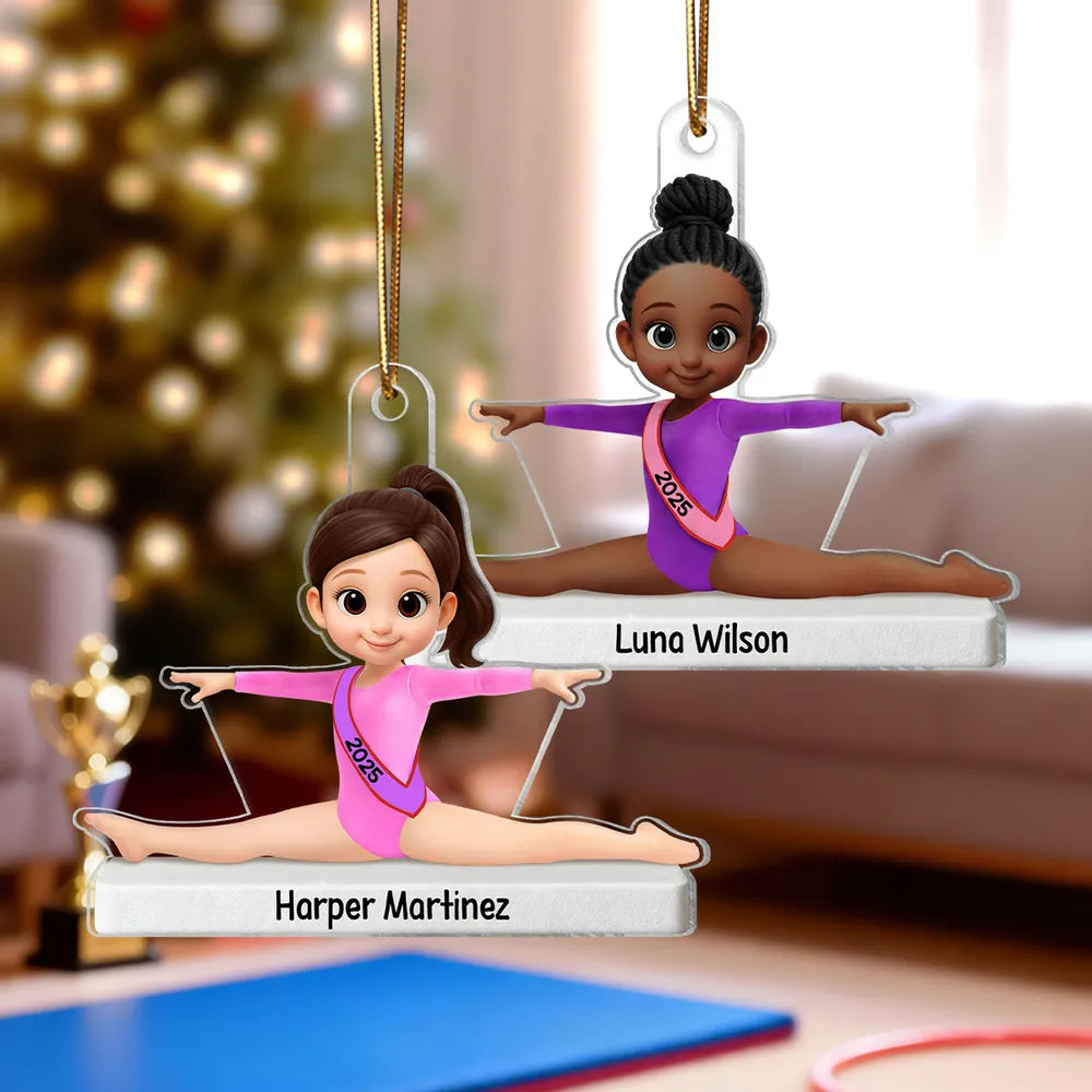 Personalized Acrylic Ornament Cute Cartoon Gymnast in Split Pose, Pink Leotard Keepsake, Unique Gift for Gymnast