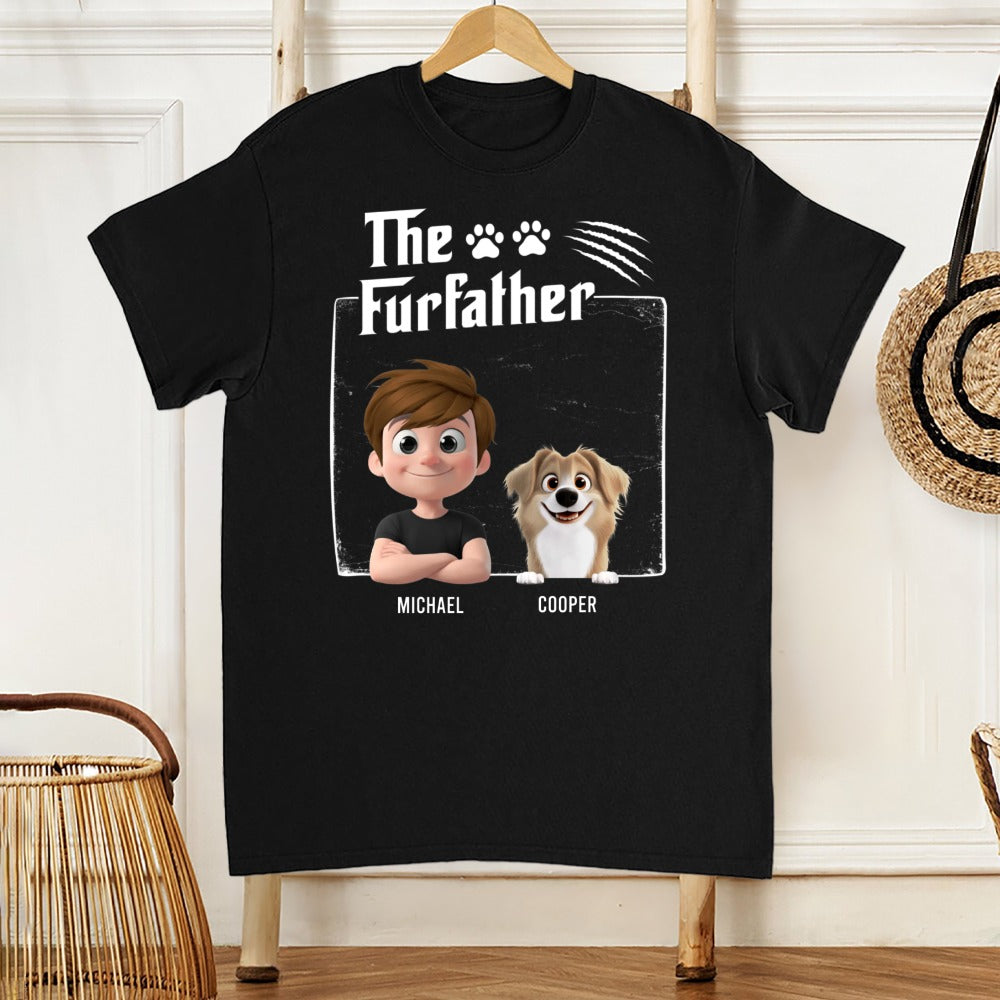 The FurFather Classic Tee with custom cartoon man and dog design, comfy cotton fabric, perfect gift for dog dads