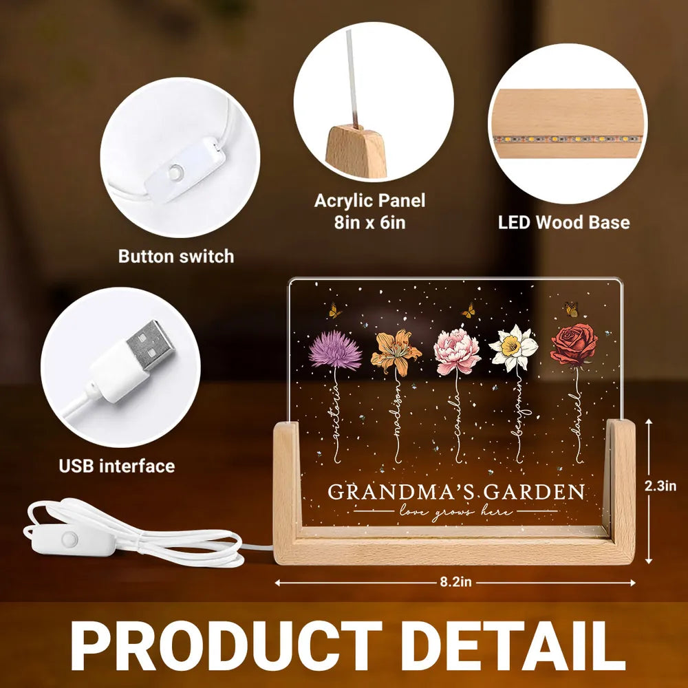 Custom LED Frame Poster - Birth Month Flower Art with Grandkids' Names