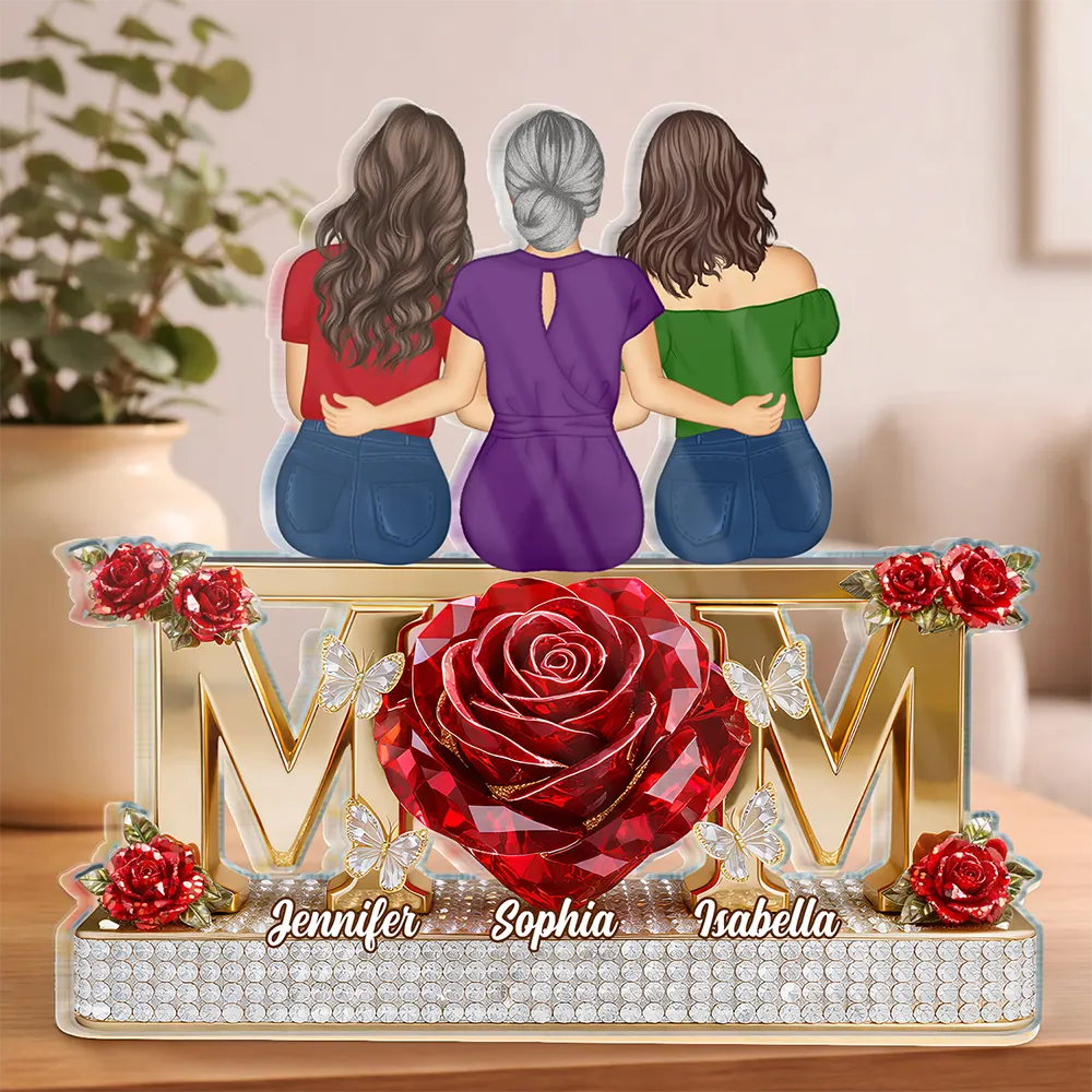 Personalized Shaped Acrylic Block Plaque Mom With Daughters Back-Hug Design, Red Rose Heart Keepsake, Unique Gift for Mom