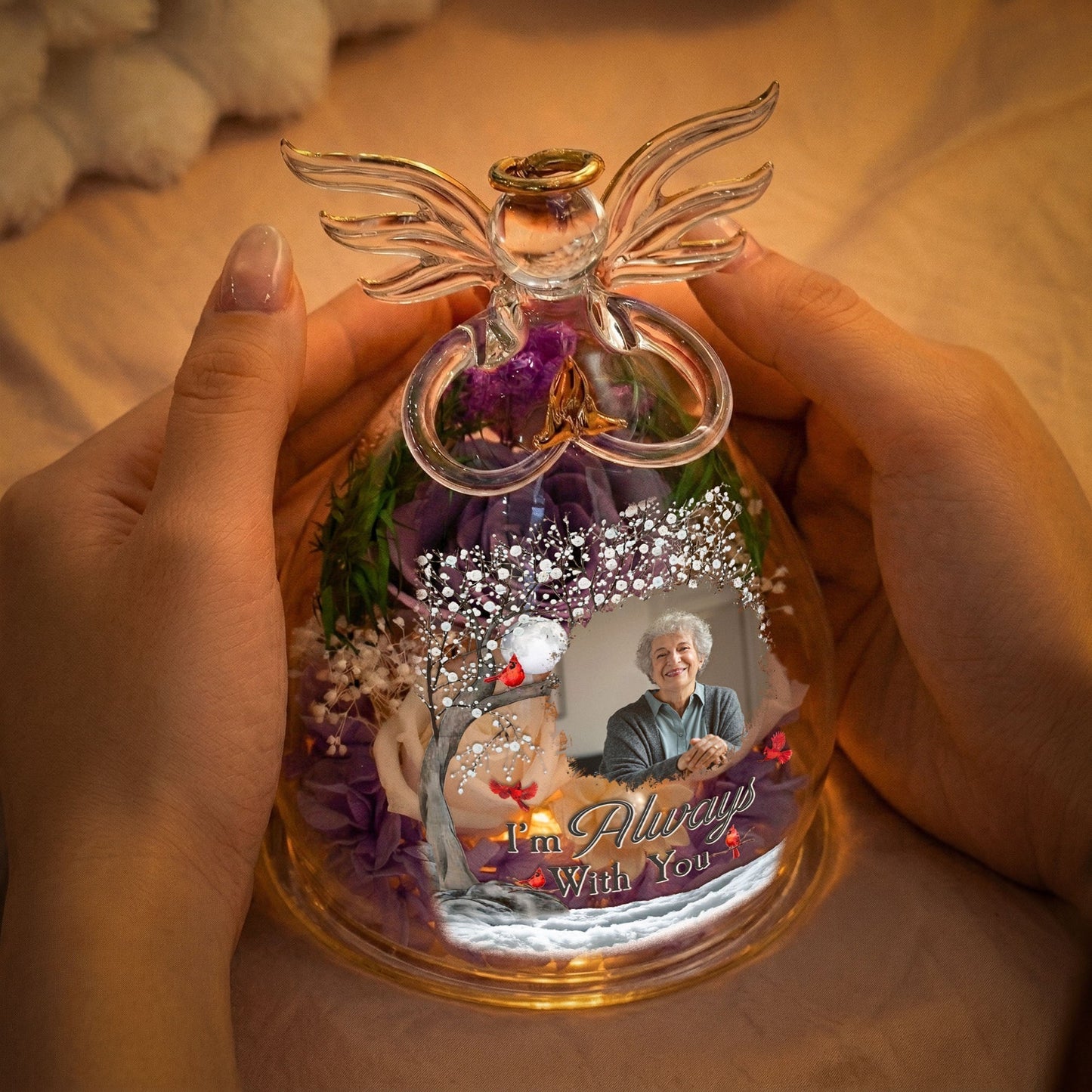 Personalized LED Floral Angel Figurine With Photo, 'I'm Always With You' Keepsake, Unique Memorial Gift