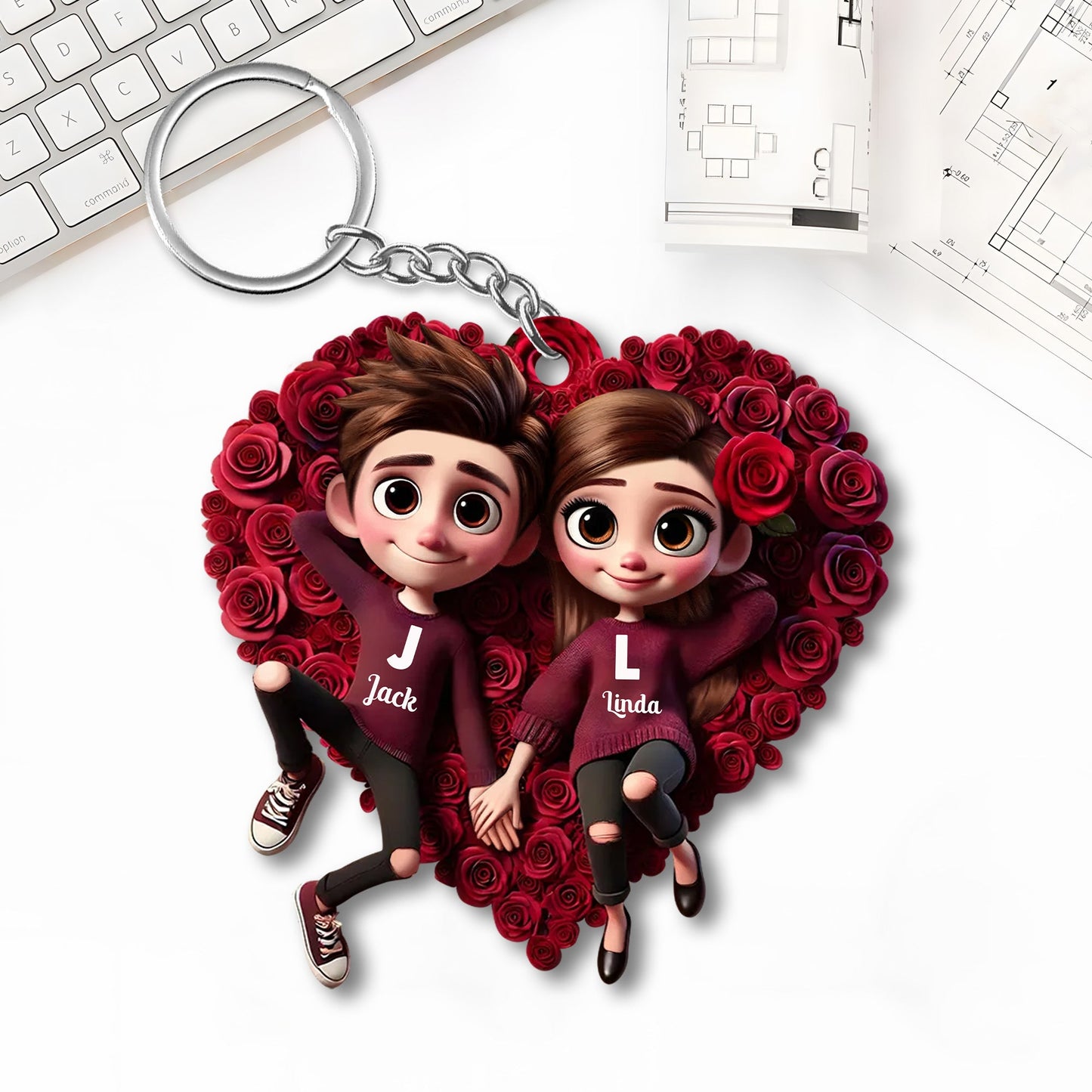 Romantic Rose Heart Couple Keychain - Personalized Valentine's Day Gift
