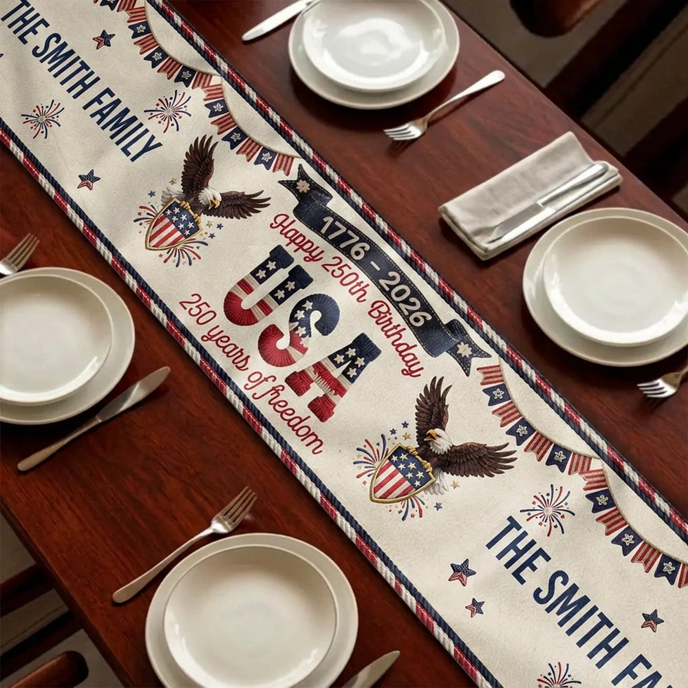 Personalized USA 250th Anniversary Table Runner with Patriotic Eagles & Fireworks - Unique Creative Gift for Family Hosts