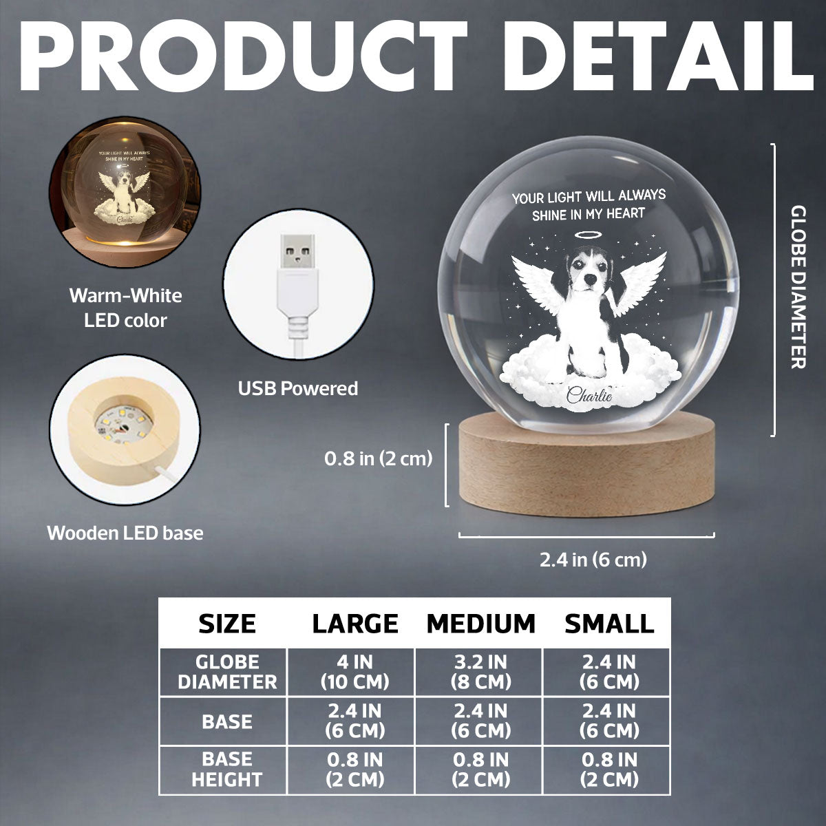 Personalized Crystal Ball LED Night Light Pet Memorial Gift, Angel Wings Quote, Warm Glow Bedside Keepsake