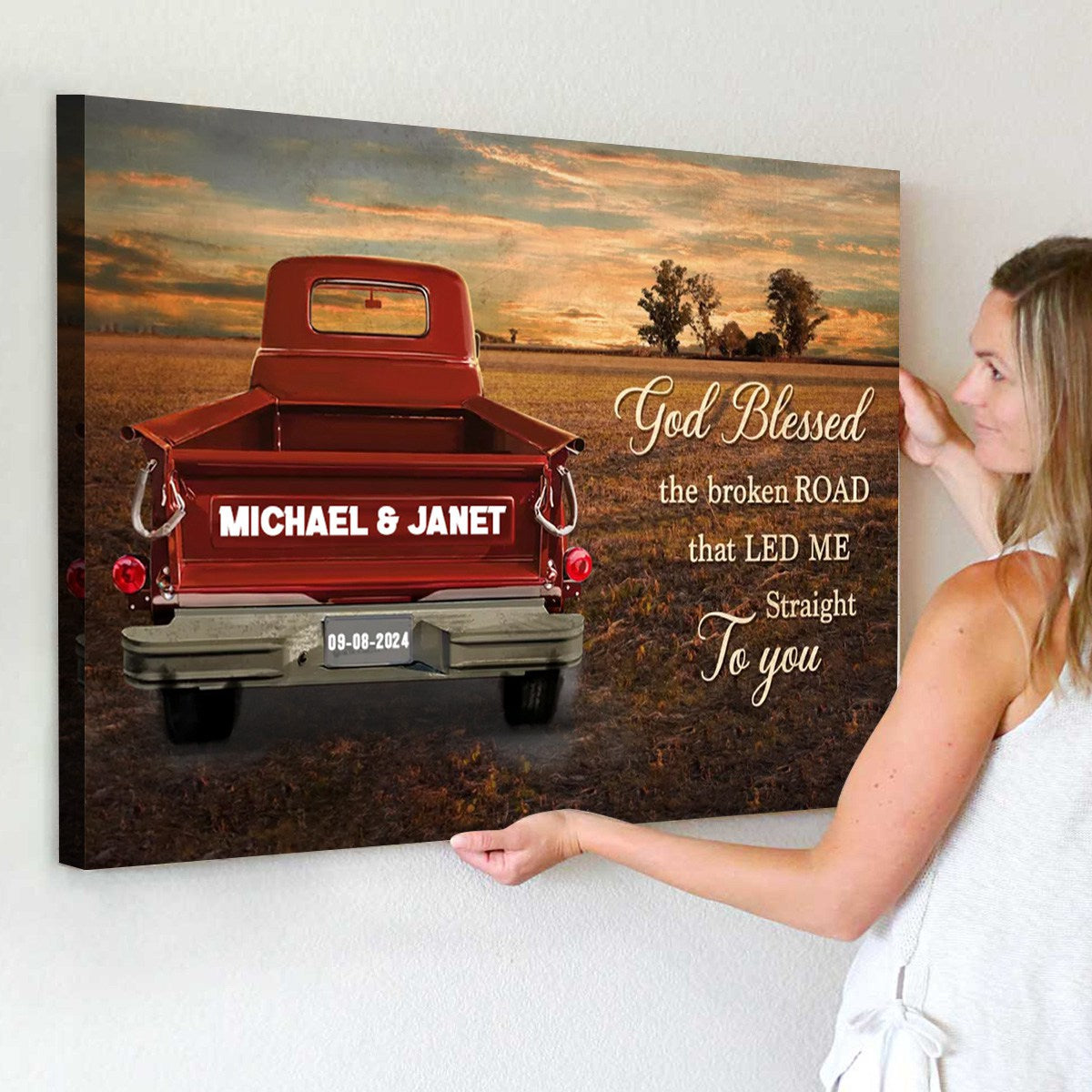 Vintage Truck Poster - 'God Blessed the Broken Road' Forest Art, Personalized Gift for Couples, Wedding or Anniversary