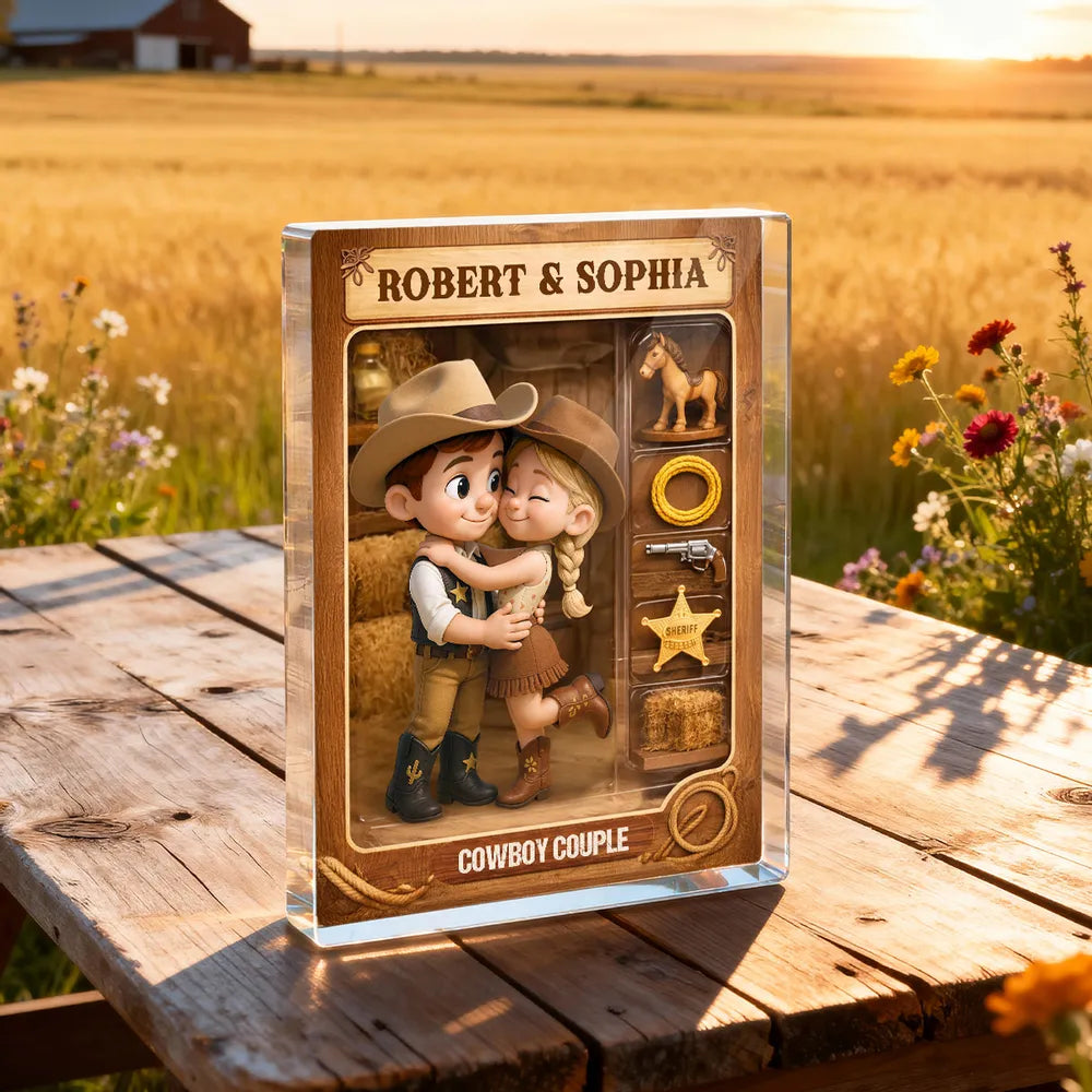 Cowboy Couple Rectangle Acrylic Block Plaque, Western Hugging Couple Keepsake, Unique Gift for Couples for Anniversary