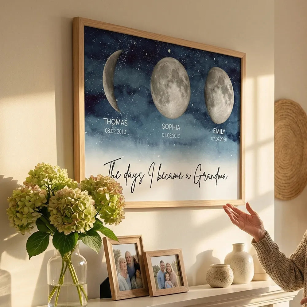 Personalized Moon Phase Starry Sky Poster, The Day I Became a Grandma Wall Art, Unique Gift for Grandma