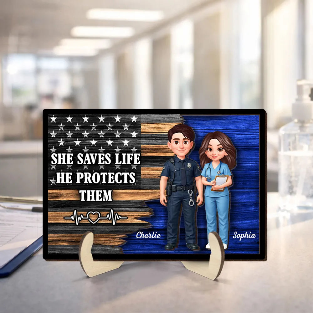 Personalized 2-Layer Wooden Plaque with Cute Cartoon Police Officer & Nurse on Thin Blue Line Flag - Unique Gift for Couples