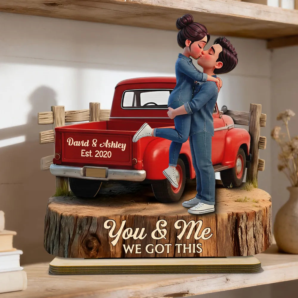 Personalized 2-Layer Wooden Plaque with Kissing Couple in Red Pickup Truck, Farmhouse Decor, Unique Gift for Couples