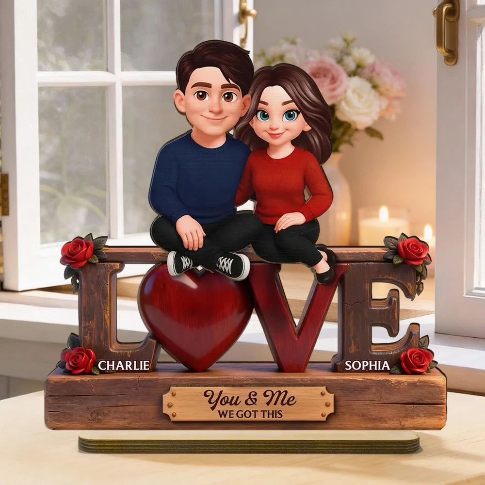 2-Layer Wooden Plaque with Cute Couple on LOVE Sign and Red Heart, Personalized Keepsake for Your Favorite Person