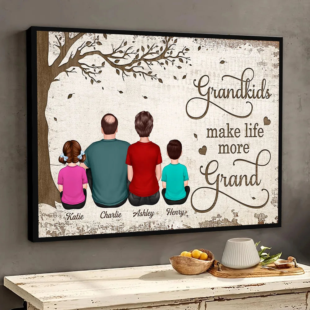 Personalized Grandkids Make Life More Grand Poster, Back View Family Under Tree, Unique Gift for Grandma & Grandpa