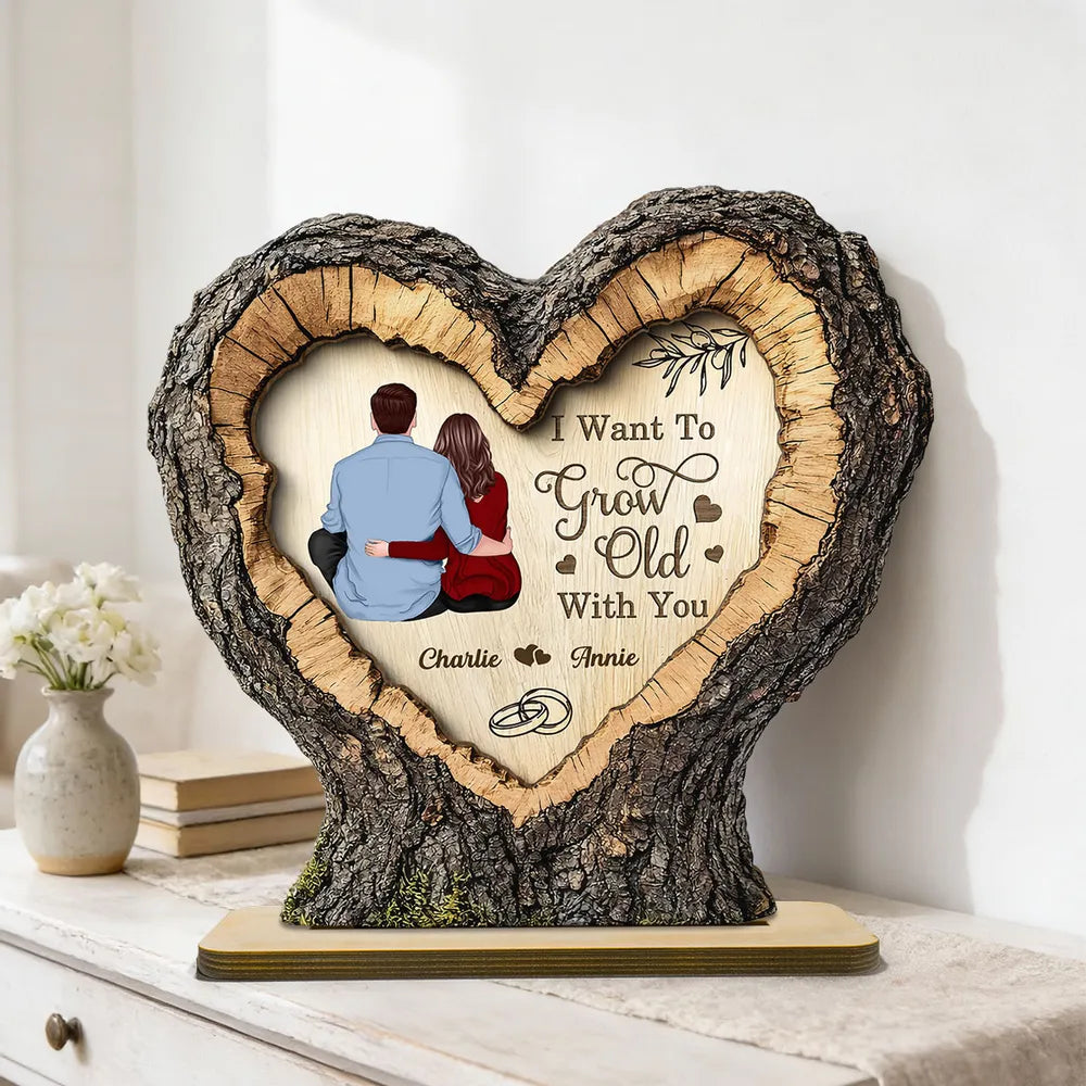 Personalized 2-Layer Wooden Plaque Heart Tree Ring Couple Hugging Unique Gift for Wife or Husband, My Favorite Place Is Next To You