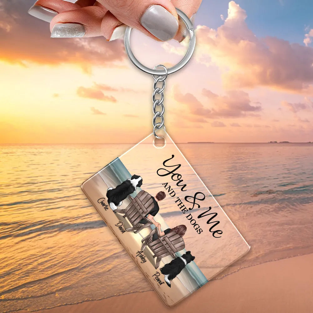 You Me And The Dogs Cats Couple Realistic Beach Landscape Personalized Acrylic Keychain or Poster or Plaque or Ornament, Gift For Him, For Her